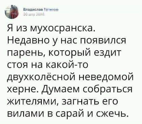 На изображении может находиться: текст «владислав я из мухосранска. недавно y нас появился парень, который ездит стоя на какой-то двухколёсной неведомой херне. думаем собраться жителями, загнать его вилами в сарай и сжечь.»